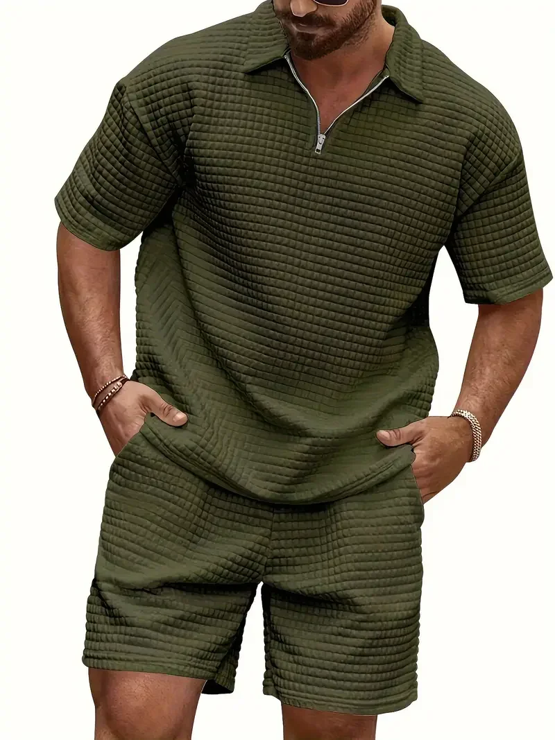 

Men's casual knitted texture short sleeved polo shirt with matching shorts set