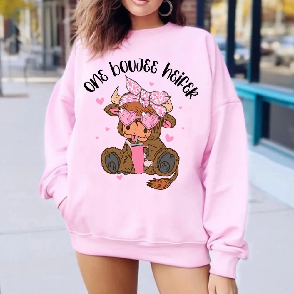 

2024 Faddish Funny Valentine's Day Women Sweatshirt Cute Cotton A Little Yak Drinking A Cold Drink Print Lover Holiday Sweater