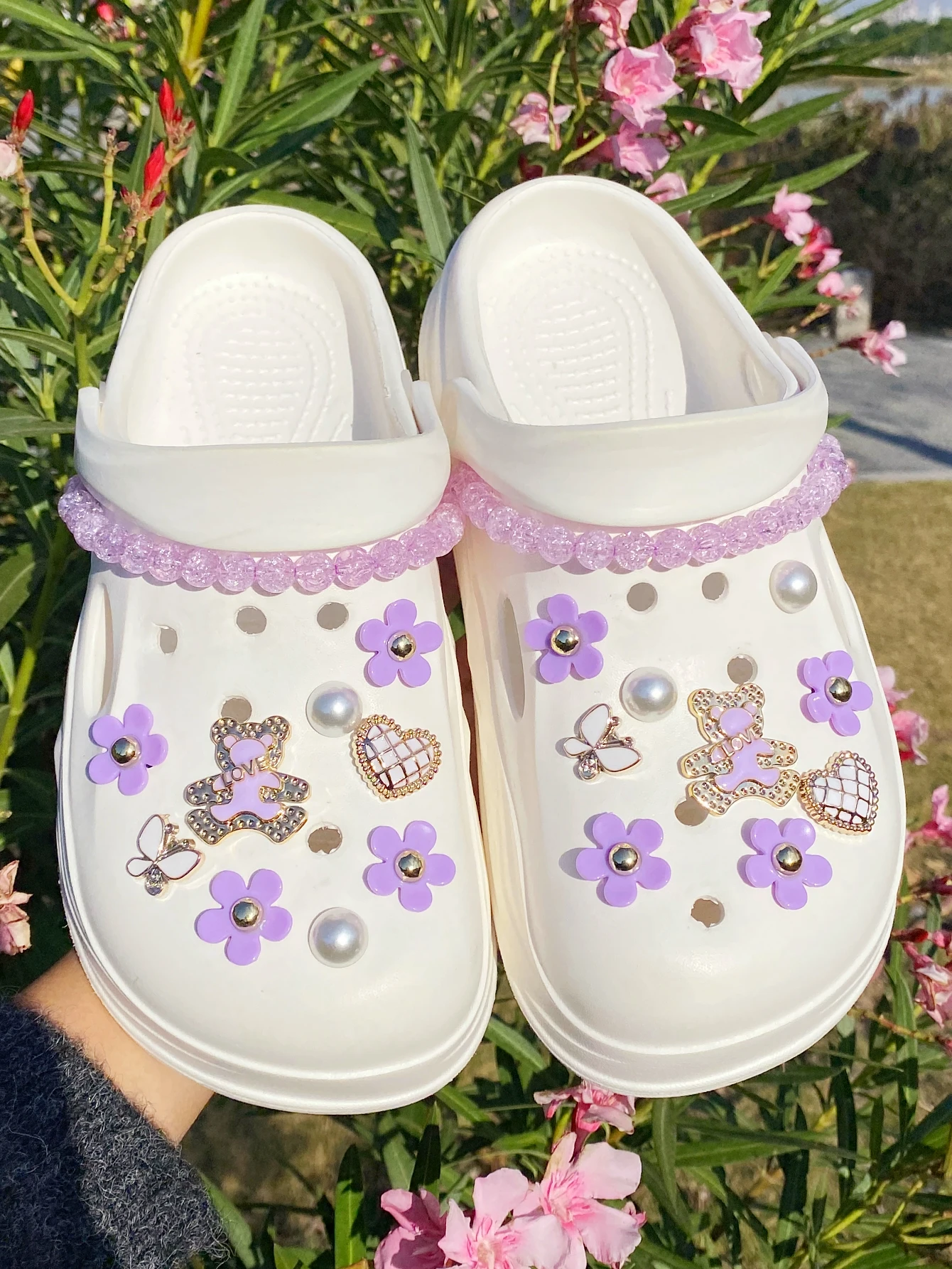 20 fashionable purple love bear, butterfly, flower, broken bead chain Crocs accessory ABS shoe flower, DLY decoration suitable f