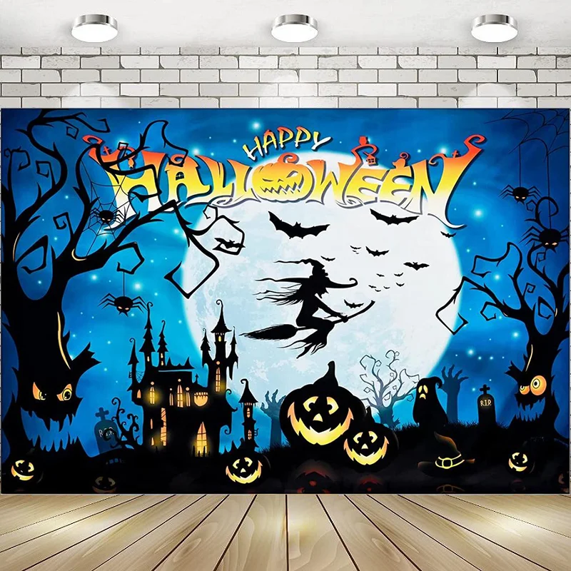 

Cartoon Halloween Photo Backdrop Pumpkin Moon Photography Backdrops Party Banner Trick Treat Decoration Kids