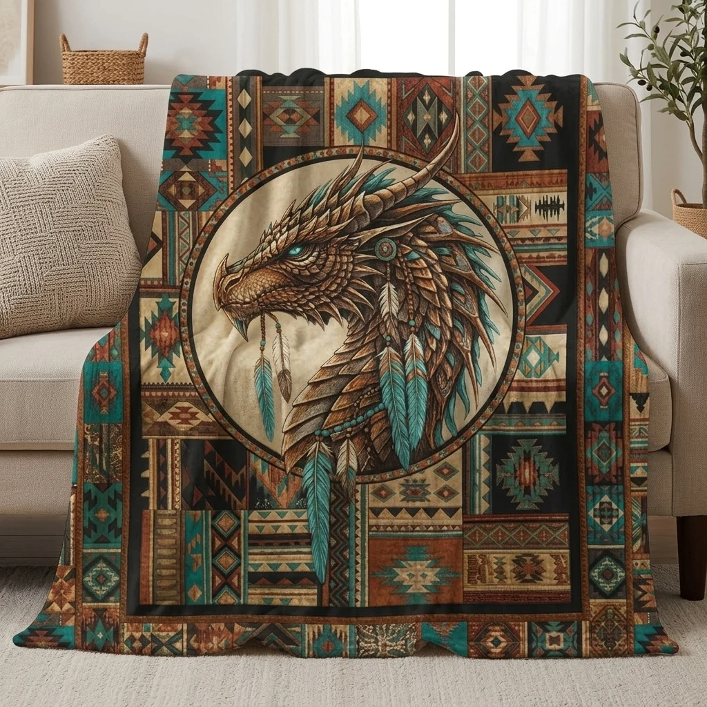 1PC Navajo Geometric Pattern Dragon Art Thickened Flannel Blanket, Cozy Fleece Throw, Perfect Gift for Adults Boys Girls