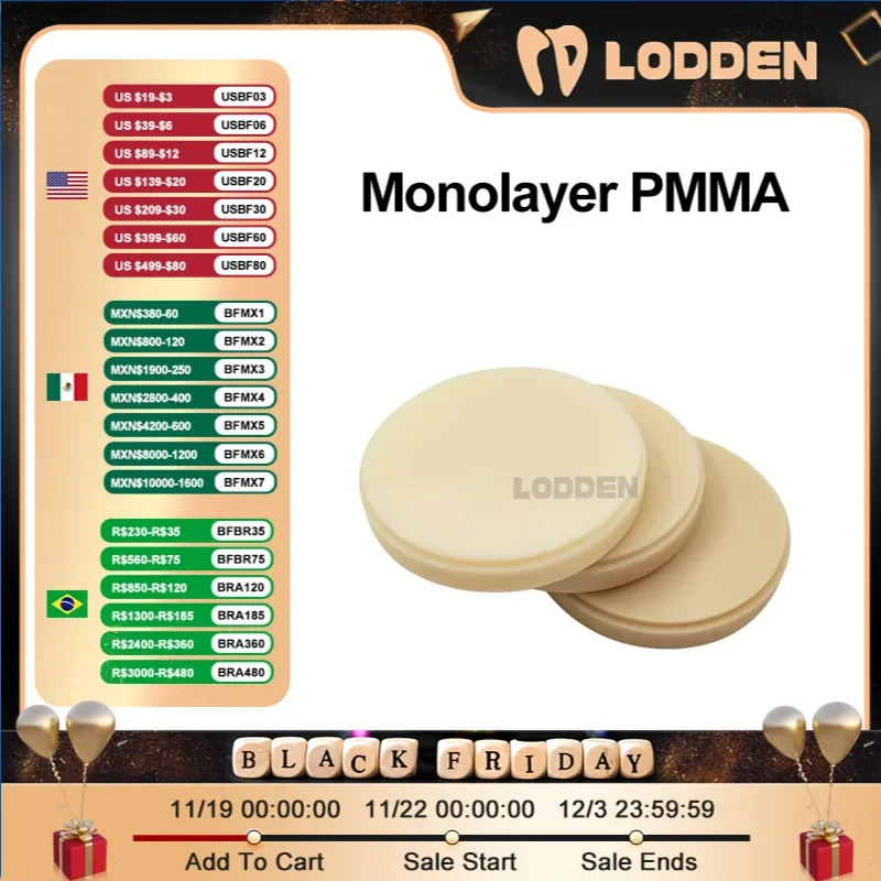 LODDEN Dental PMMA Monolayer 98mm for Dental Lab Production of Dental Crowns Bridges Dental model Material Monochrome Resin Disc