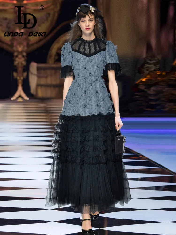 

LD LINDA DELLA Round Neck Mesh Short Sleeved Checkered Three-Dimensional Flower Waist Cinched Long Student Dress For Summer 2025
