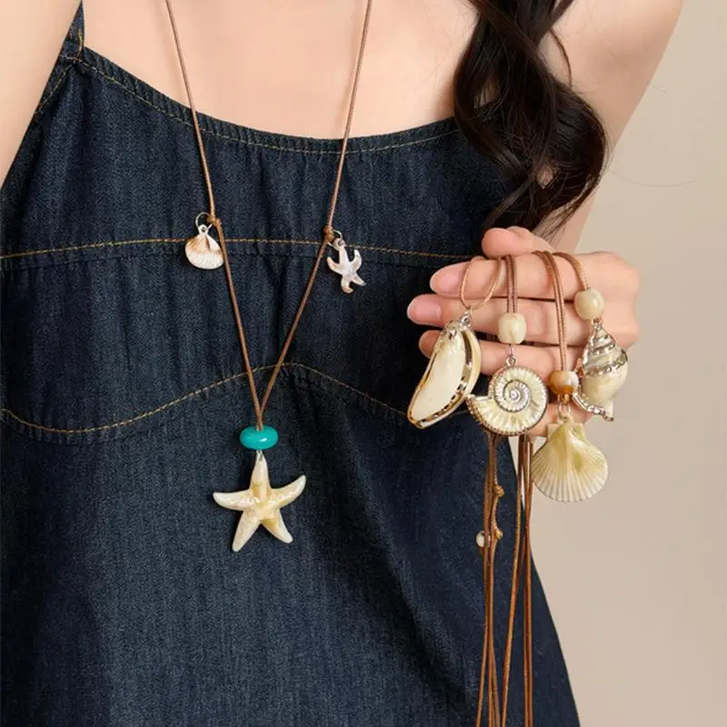 Starfish Shell Beaded Wax Rope Necklace For Women Bohemian Beach Vacation Style Clavicle Chain Fashion Daily Matching Jewelry