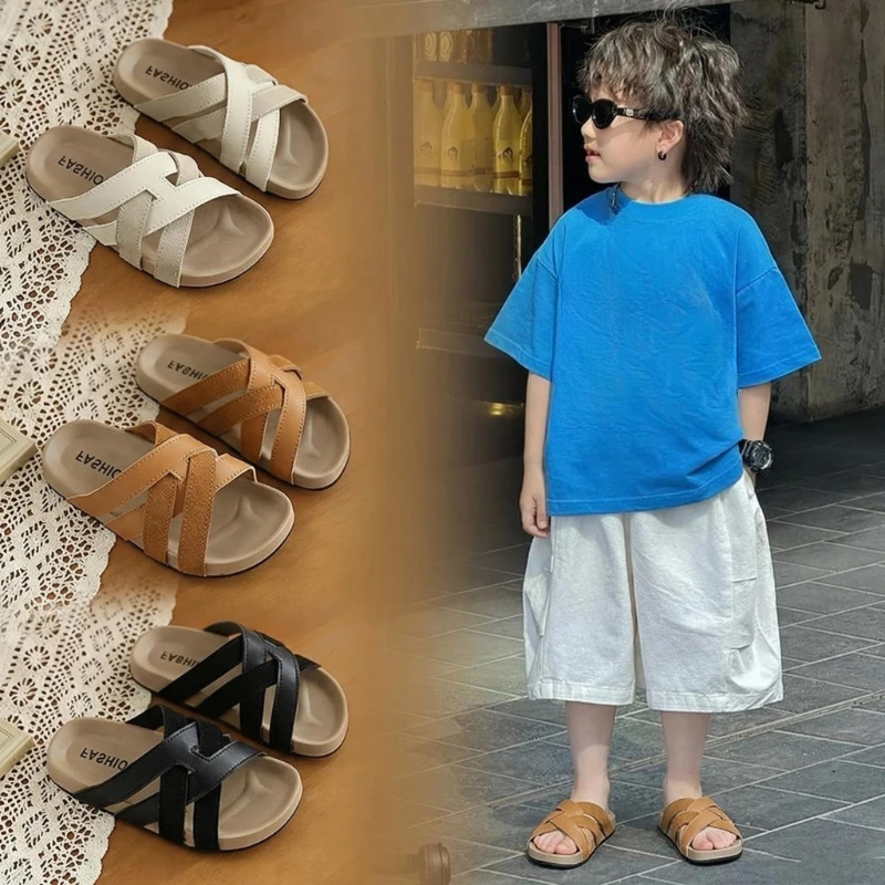 

Летние детские шлепанцы с открытым носком, с перекрестными ремешками, однотонные, для мальчиков и девочек, пляжные, на плоской подошве, нескользящие, замшевые, уличные сандалии-слайды для детей