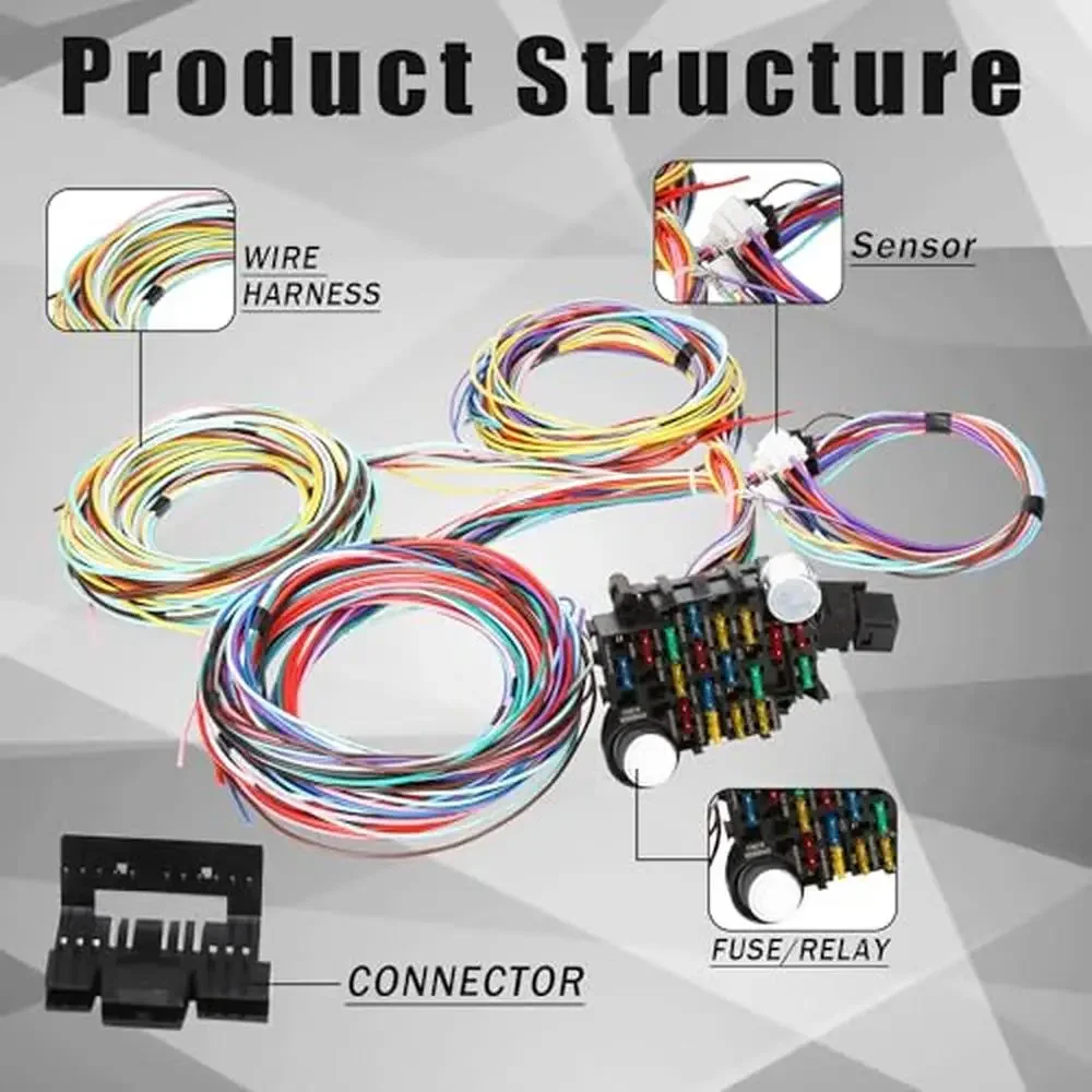 21 Circuit Universal Wiring Harness Kit Extra Long Automotive Wire Compatible with GM Chevy Mopar Horn Fan Dome Light Radio Door