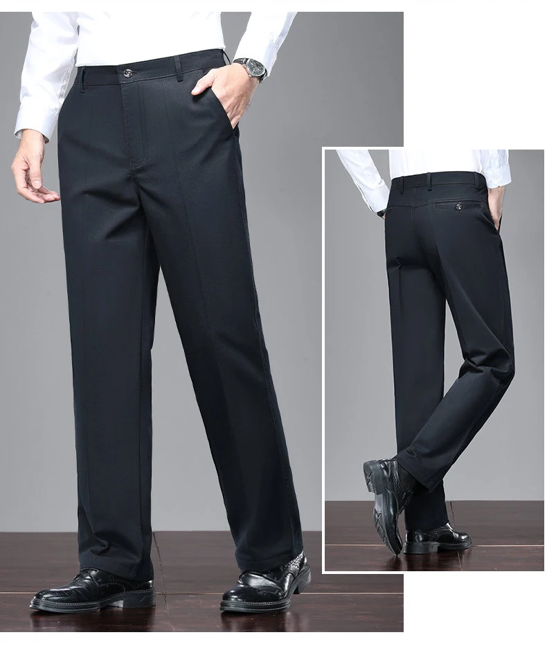 Herrenhose aus 100% Baumwolle, Business-Casual-Anzughose, klassische Passform, plissierte Vorderseite, Anzughose für Männer – Detail 6
