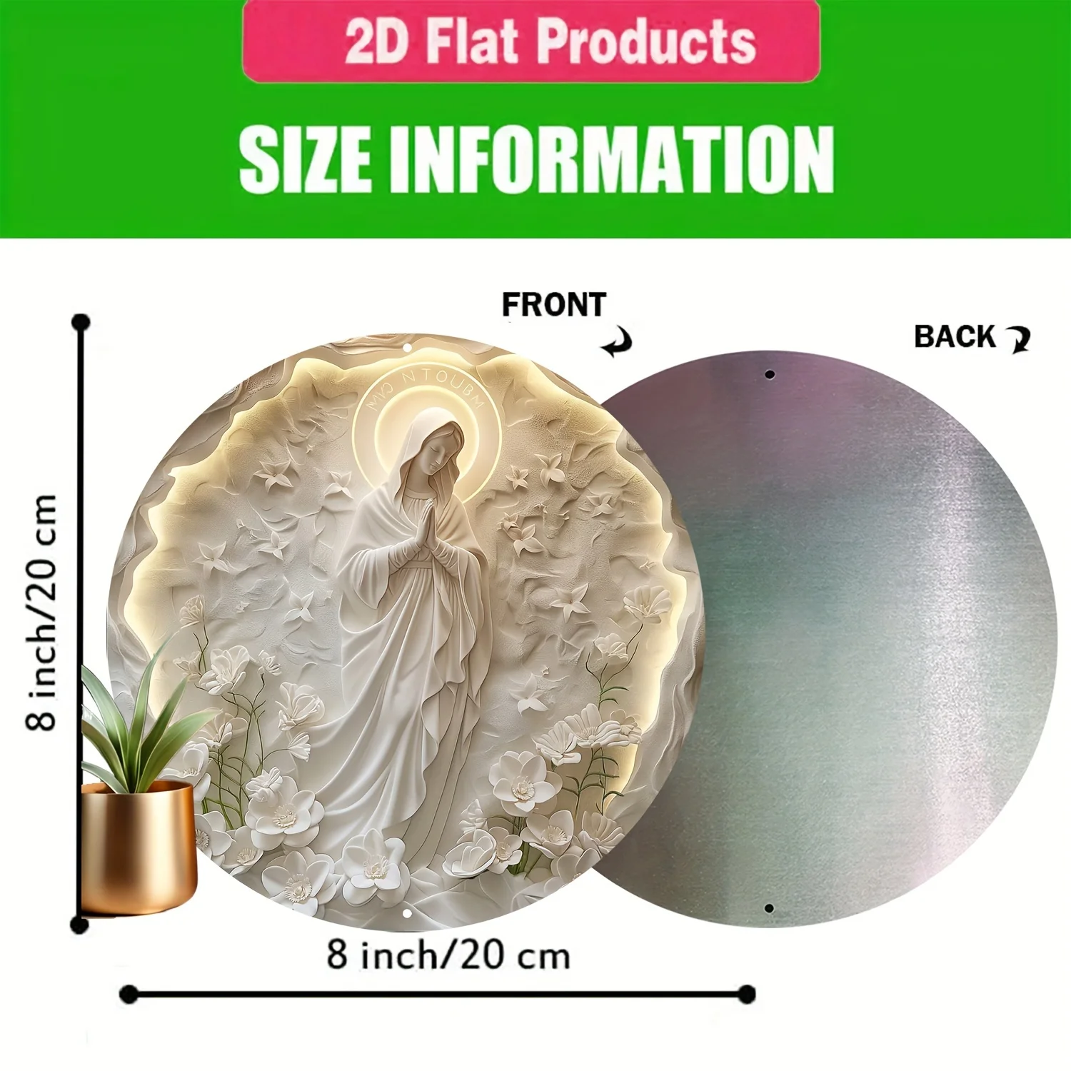 3D Maria Sculpture Aluminum Poster Board, 8 Inch Religious Round Wall Art with Garland, Floating Statue Design for Home