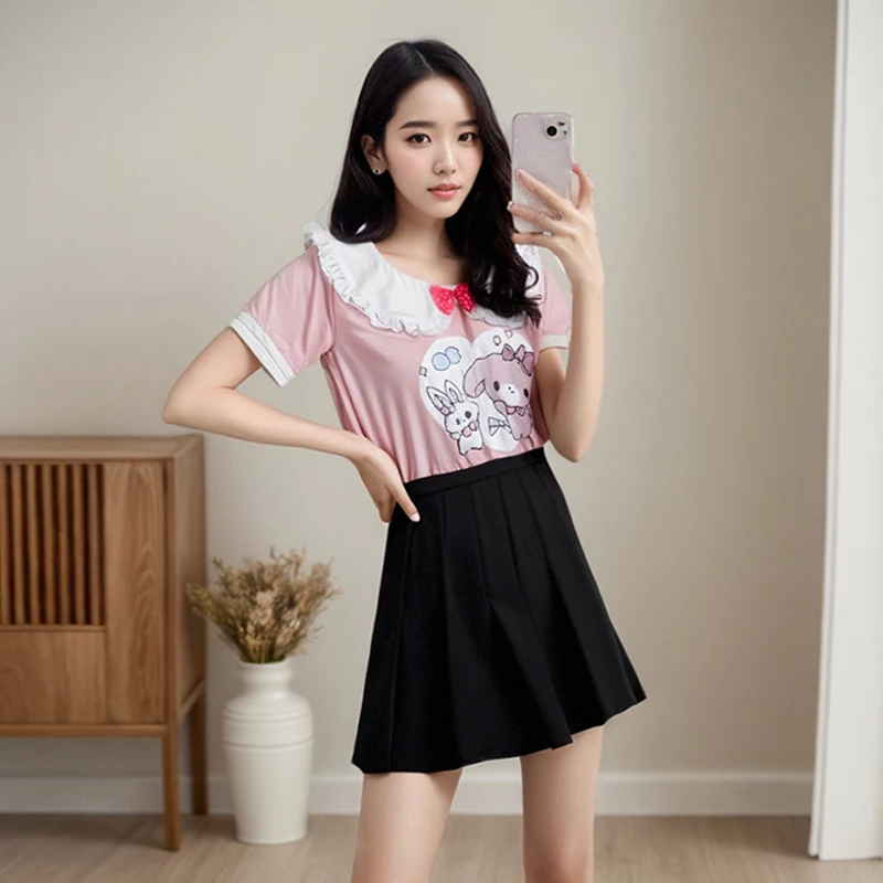 Japanese Sweet Summer 2024 T Shirt Women Cute Bow Casual Cartoon Print Tees Pink Fashion Y2k Girls Kawaii Rabbit Ear Lace Tops