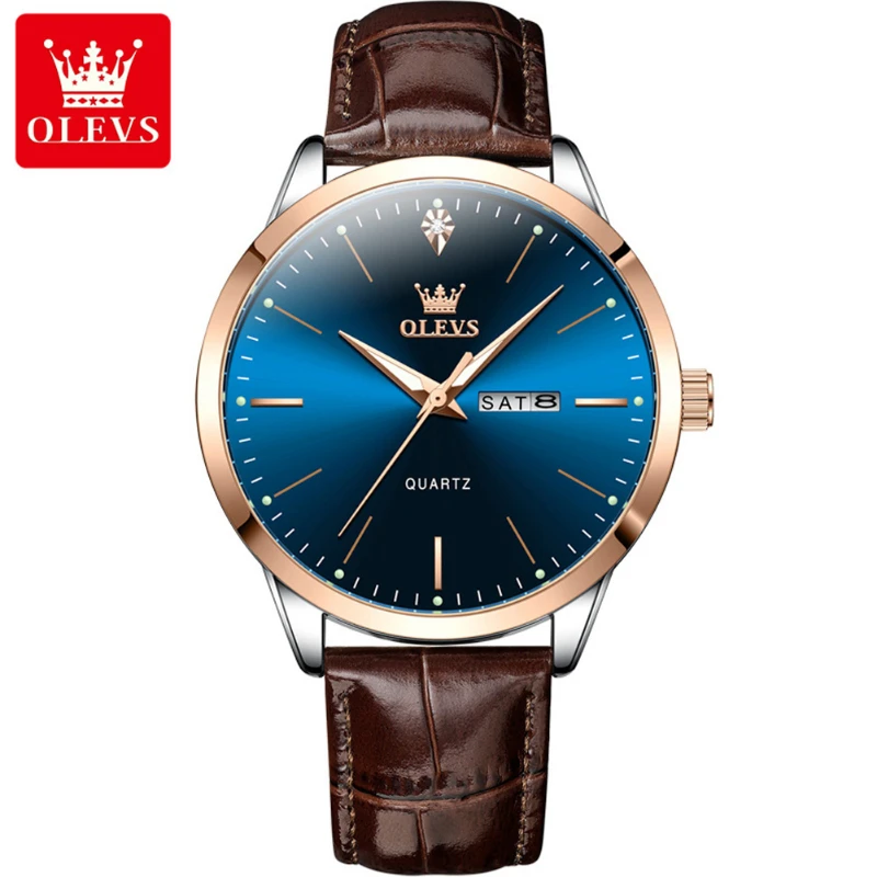 OLEVS 2935 Men’s Quartz Watches Top Brand Original Luxury Watch for Men Large Dial Leather Strap Waterproof Luminous Wristwatch