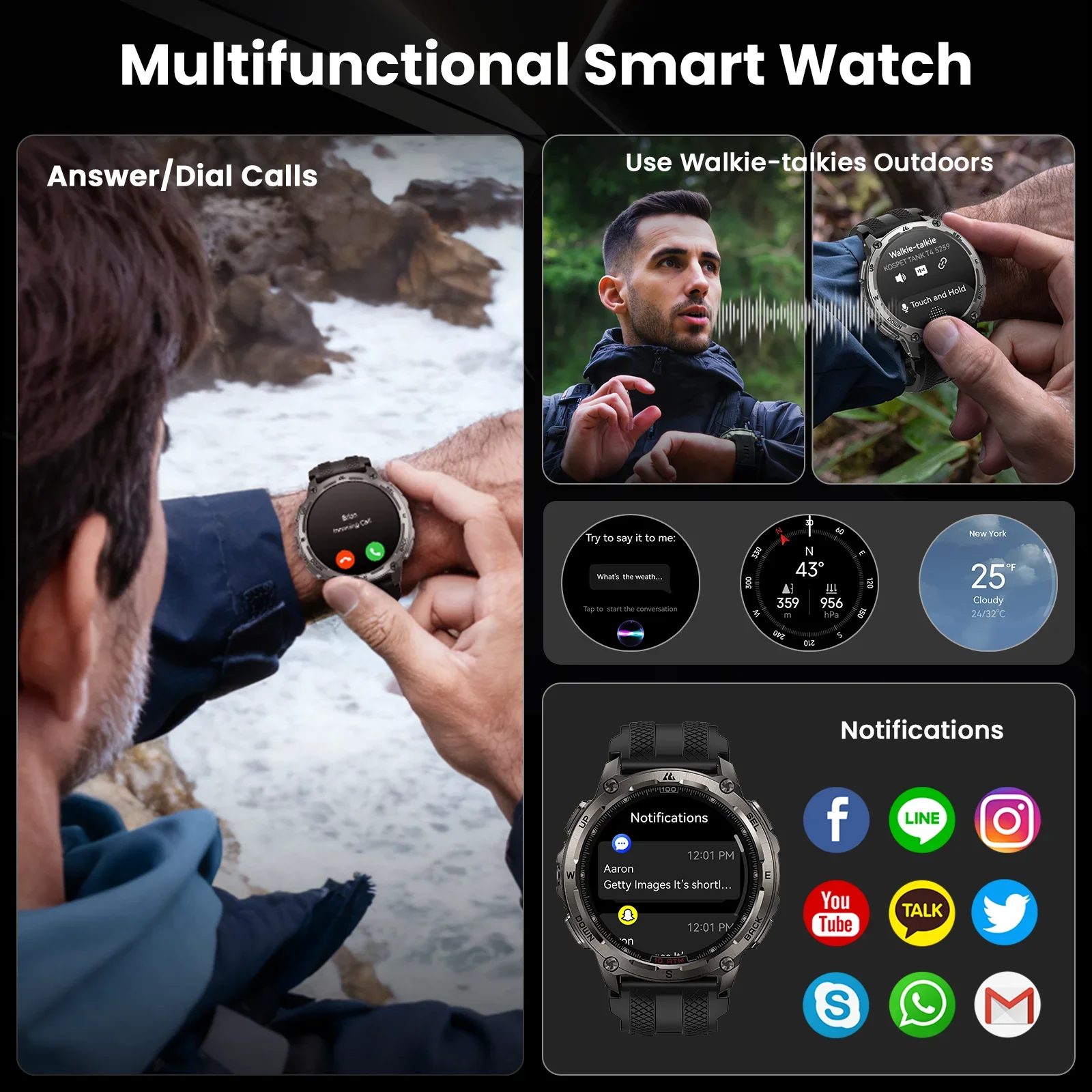 KOSPET Tank T4 Men's Rugged Smart Watch Military Grade GPS Stainless Steel 100M Waterproof 45M Freediving 24/7 Health Monitor