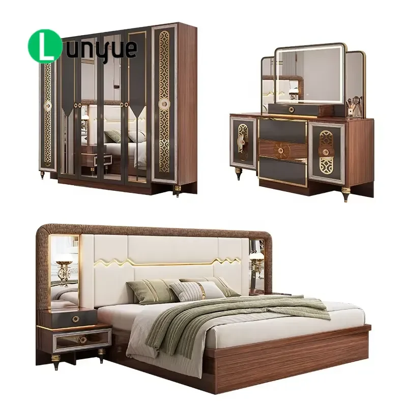 Turkish Style Modern Adult Room Double Bed Suite Home Storage Wooden Frame Luxury King Size Complete Bedroom Furniture Set