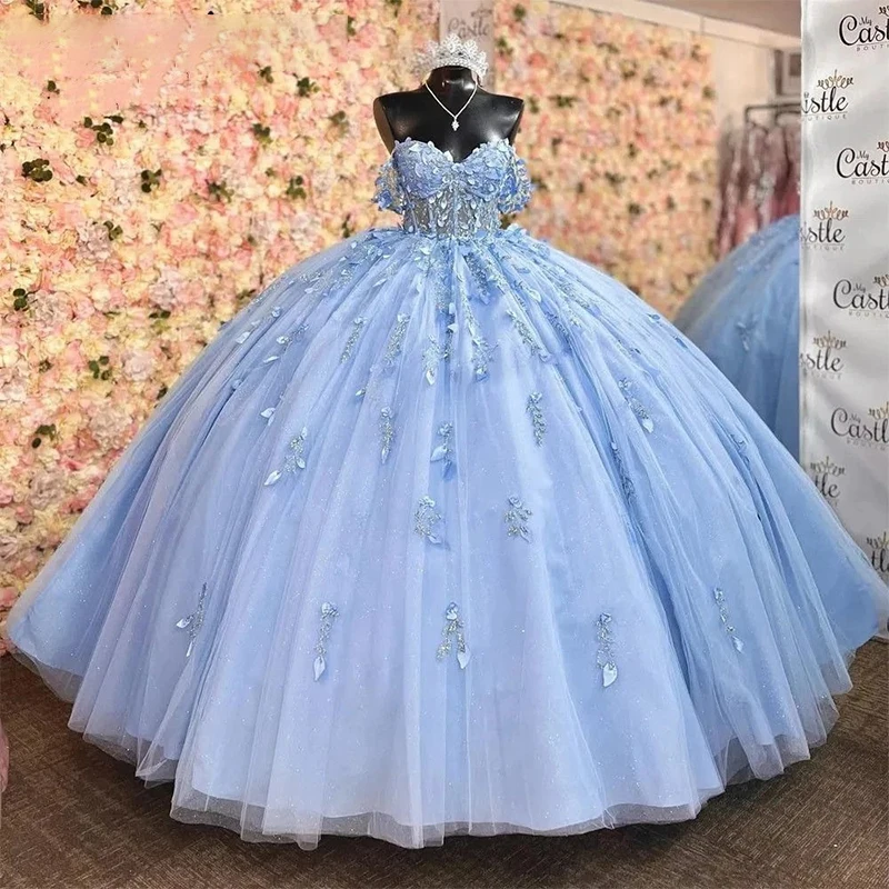 

Prom Dresses Beading Organza With Embroidery Ball Gown Floral Applique Off Shoulder Sleeveless Evening Dress Customized Lace Up