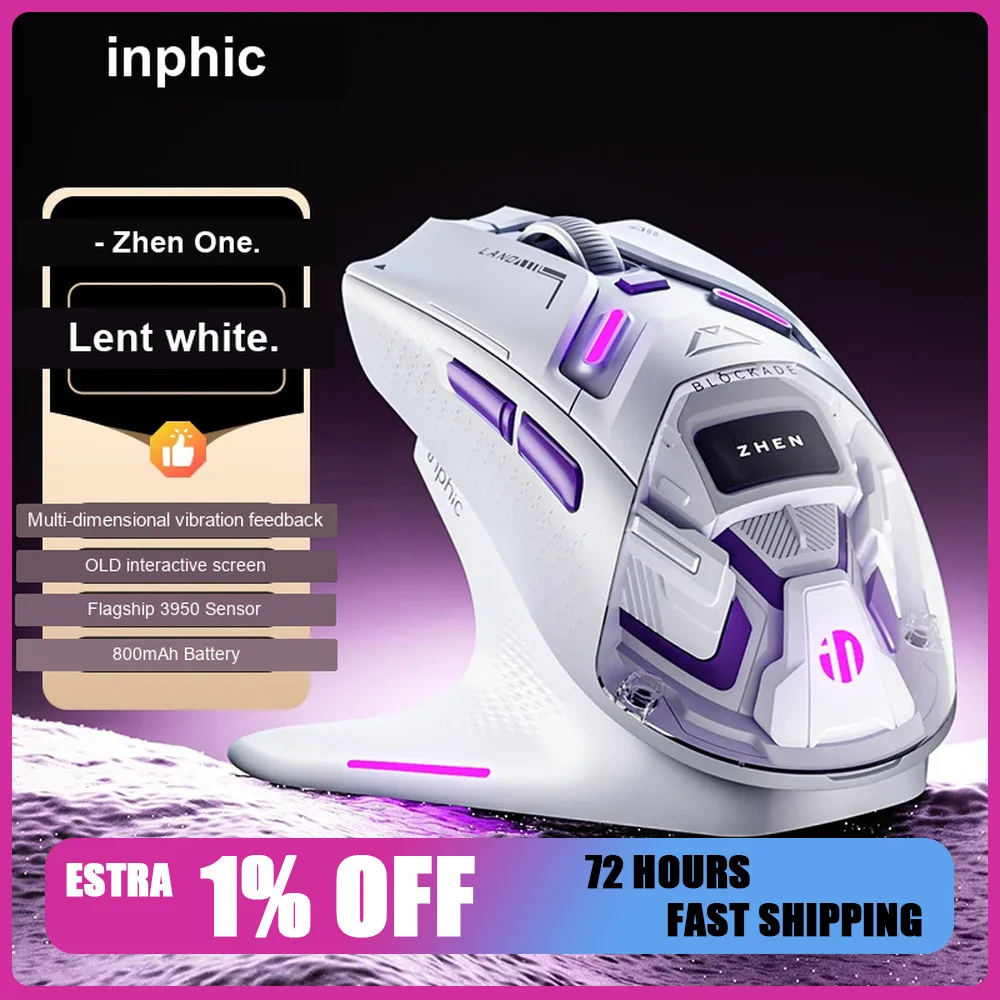 Inphic ZHEN Mouse Tri Mode Wireless PAW3950 Long Battery Life Gaming Mice OLED Display Magnetic Charging Base Office Accessories