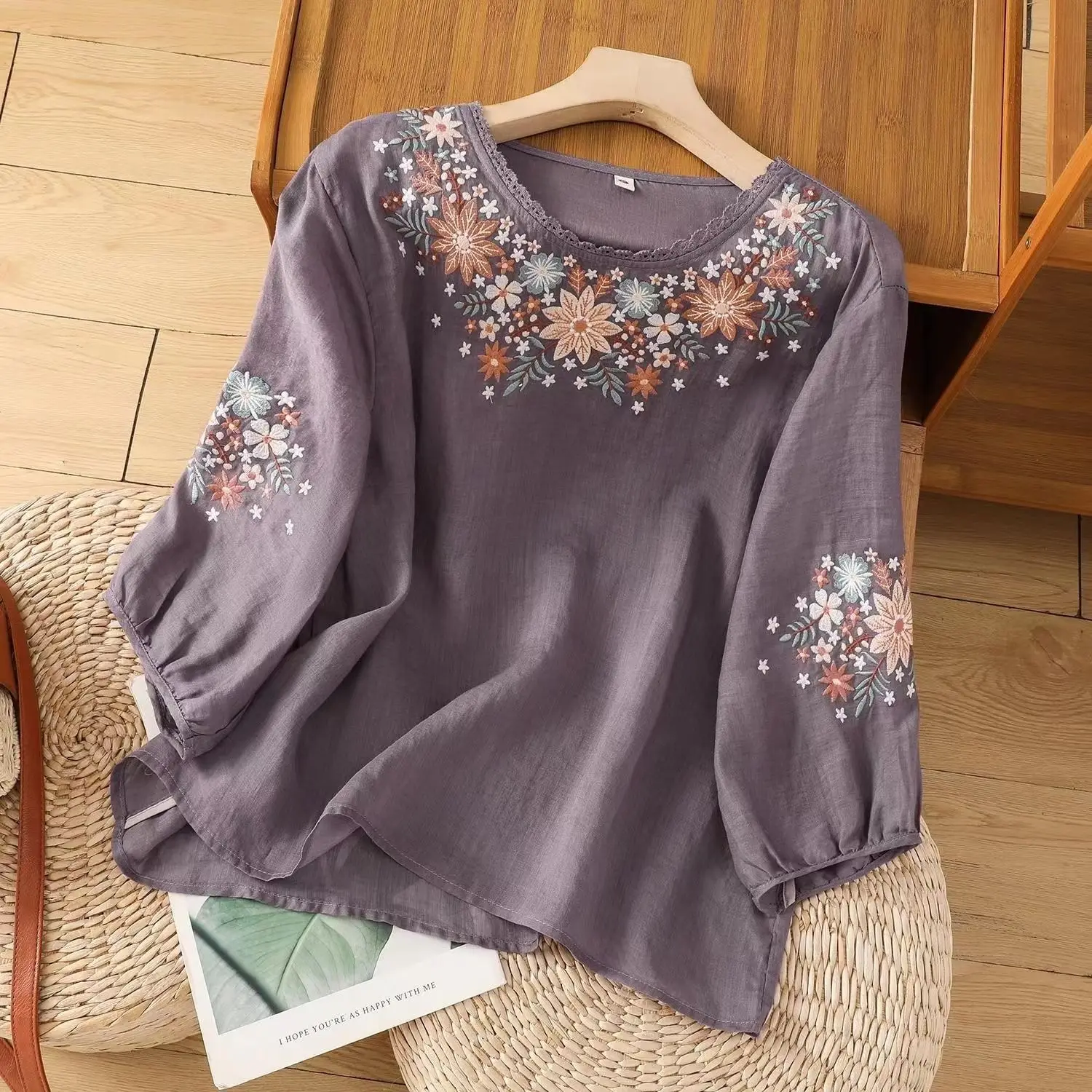 

New Retro Loose Embroidery Versatile Round Neck T-shirt for Women Literary Embroidered Three quarter Sleeve Top Summer