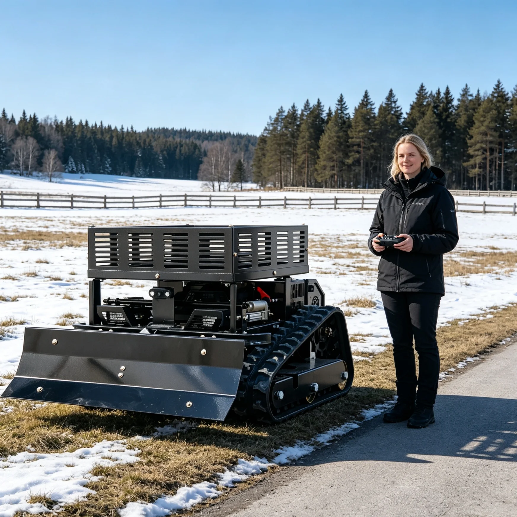 Customized 550 all‑terrain RC lawn mower with expandable storage rack, built‑in display screen and optional snow shovel for wide