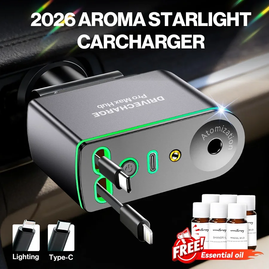 5-in-1 Retractable Car Charger USB C Fast Charge, 66W Car Phone Charger with Dual Retractable Cables, Smart Air Freshener Diffuser for iPhone、Samsung