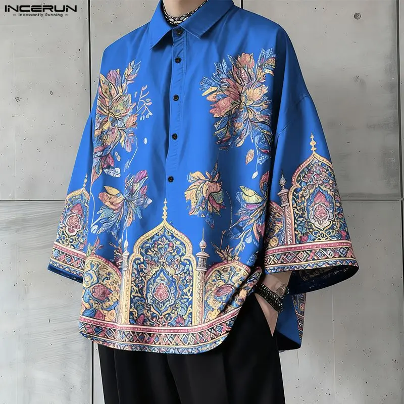 INCERUN Men Shirt Printing Lapel 3/4 Sleeve Loose Casual Men Clothing Streetwear 2026 Korean Style Fashion Tops Shirts S-5XL
