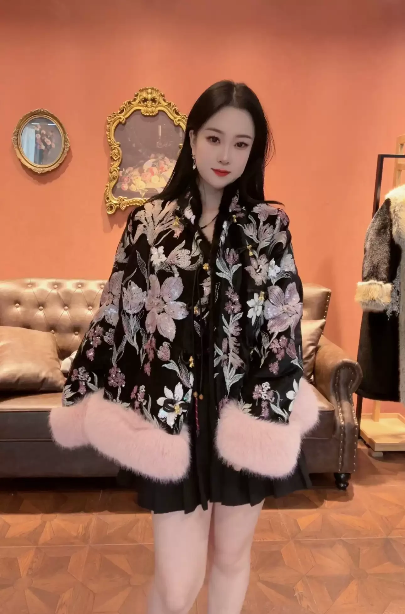 Winter Heavy Industry Sequined Floral National Style Pendant Retro Faux Fur Chinese Style Faux Fur Coat Women