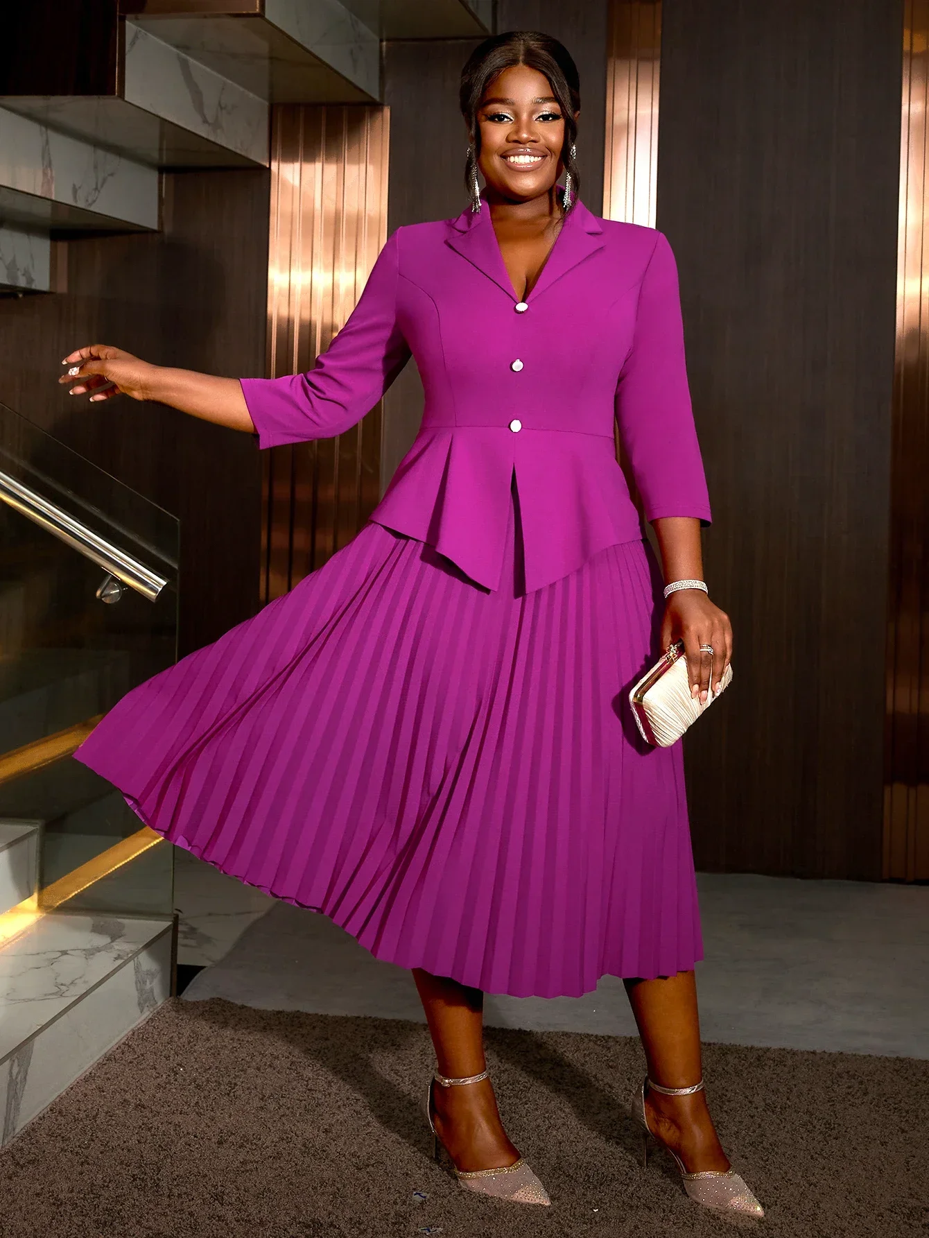 Purple Retro Pleated Dress Fashionable Office Lapel Long Sleeved Pleated Commuter Workwear Women's Daily OL Loose A-line Dresses