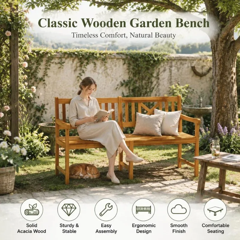 Banc de jardin rustique en bois d'acacia massif, finition naturelle huilée, 150 x 56 x 90 cm, avec accoudoirs confortables, structure solide et résistante, facile d'entretien, idéal pour terrasse, patio, espace extérieur.