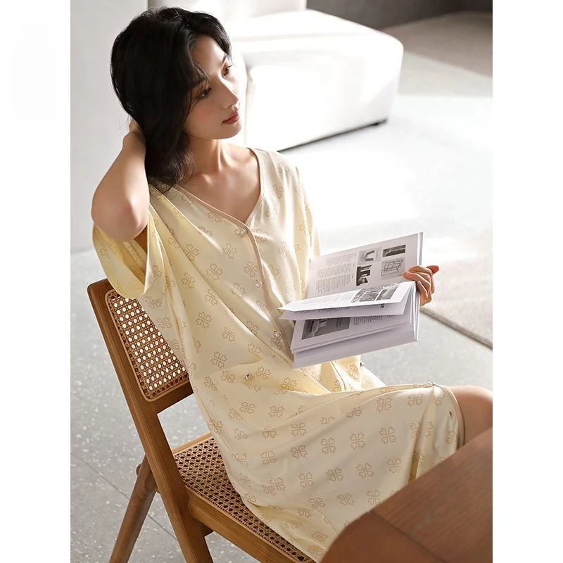 

Modal Thin Short Sleeve Cardigan Nightdress Female Cool Feeling Fallow Dresses Pajamas Can Be Worn Outside Loungewear Comfort