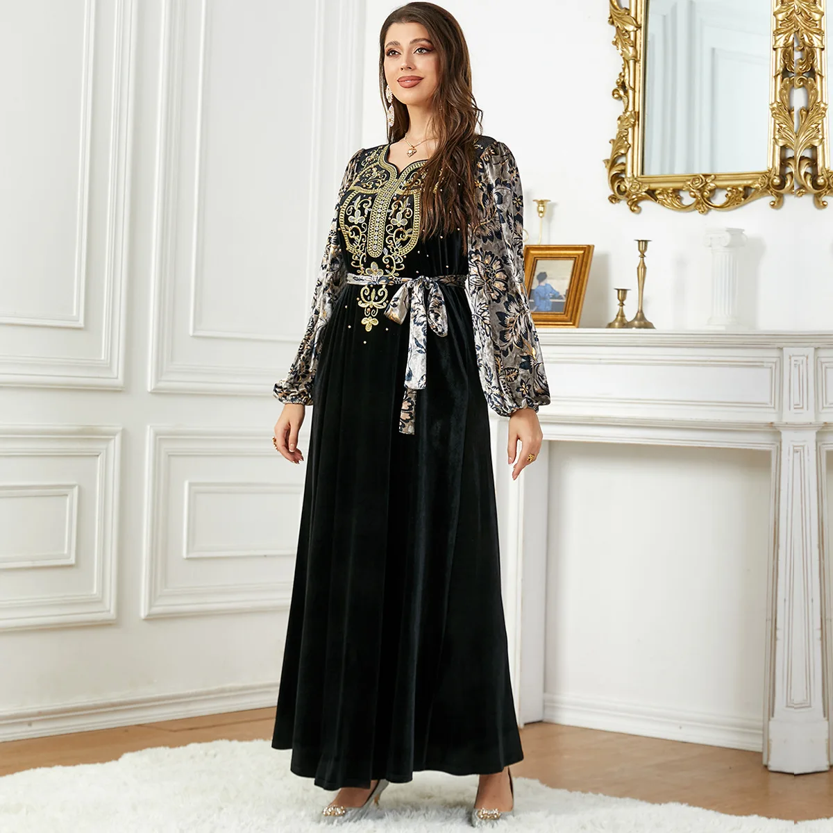 Autumn Winter Velvet Muslim Dress for Women Abaya Beading Split Morocco Party Dress Abayas Arabic Long Robe Thick Vestidos 2023