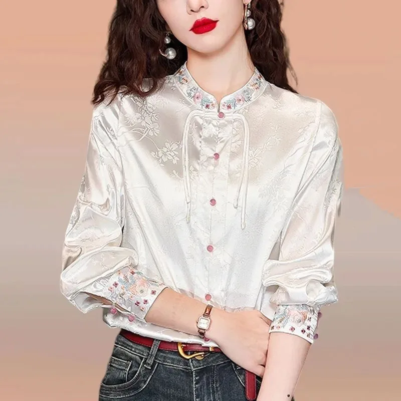 

Retro Women Fashion Jacquard Buckle Shirt Spring Summer Lady Stand-up Collar Embroidery Blousees 2025 Female Long Sleeves Blouse