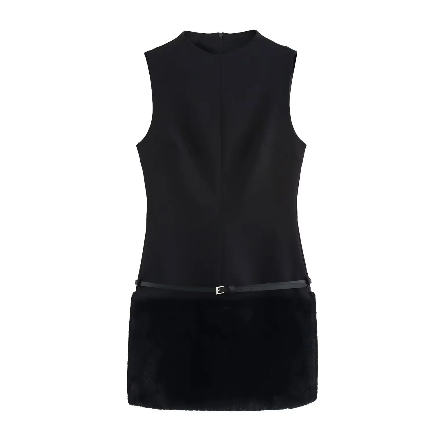 

Women Summer Street Style Mini Dress Black Round Neck Sleeveless Hair Effect Belt Decorative Zipper Ladies Fashion Dress