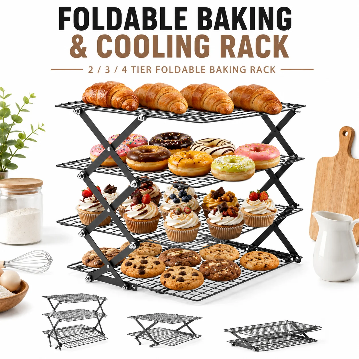 Foldable 2/3/4 Tier Cooling Rack For Baking Space Saving Stackable Wire Grid Cookie Cake Stand Easy Storage Baking Tools