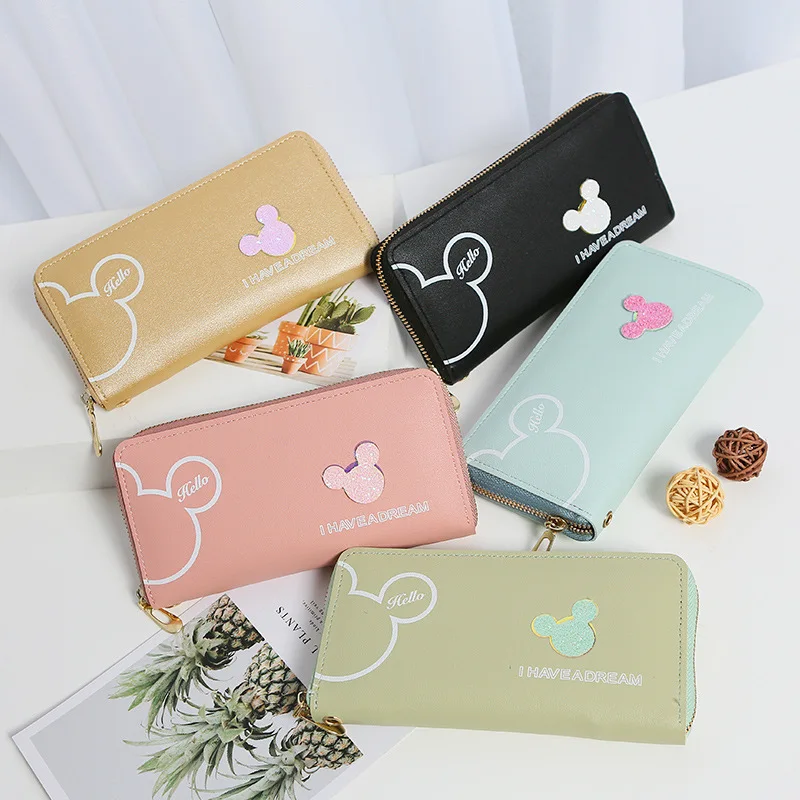 Disney Mickey Mouse Wallet Long Zipper PU Wallet Mickey Head Pattern Wallet Coin Purse Anime Wallet Card Holder Gift For Girls