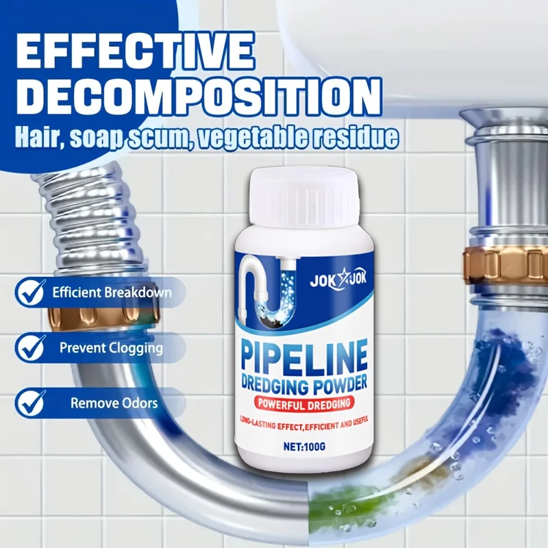 JOKJOK 100G مسحوق تجريف خطوط الأنابيب القوي - مزيل تسد سريع للمركبات الترفيهية والمصارف، يذوب الشحوم والشعر والصابون، آمن على غير PVC
