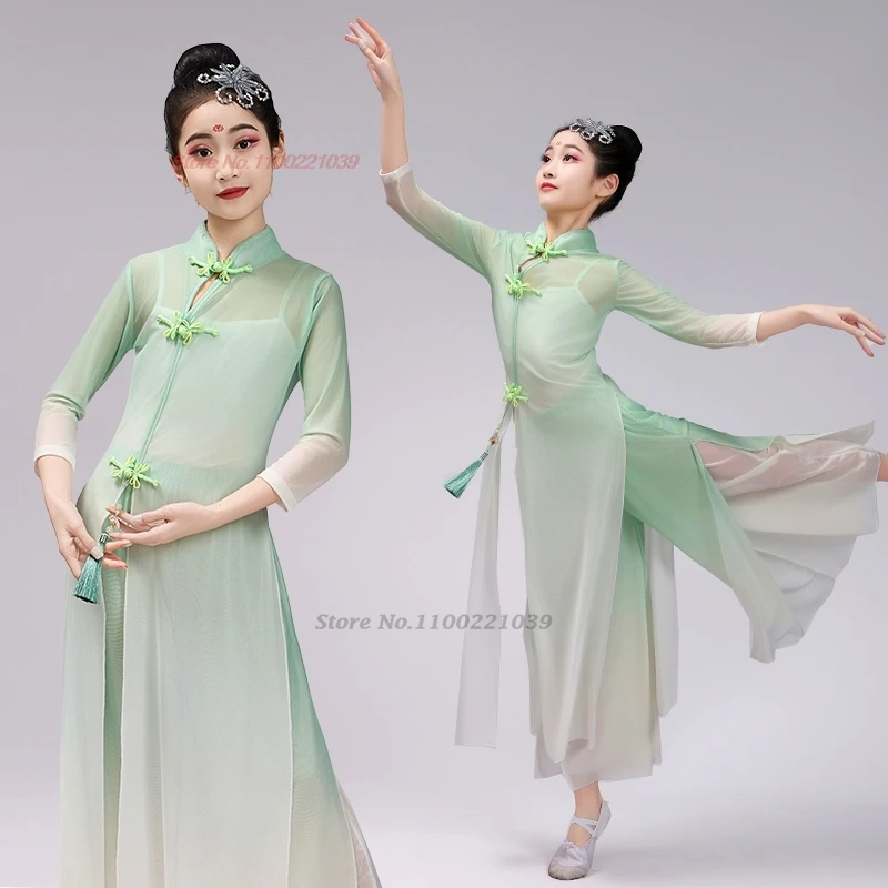 

2025 chinese children folk dance dress traditional vintage dance costume qipao dress+pants set stage performance cheongsam dress