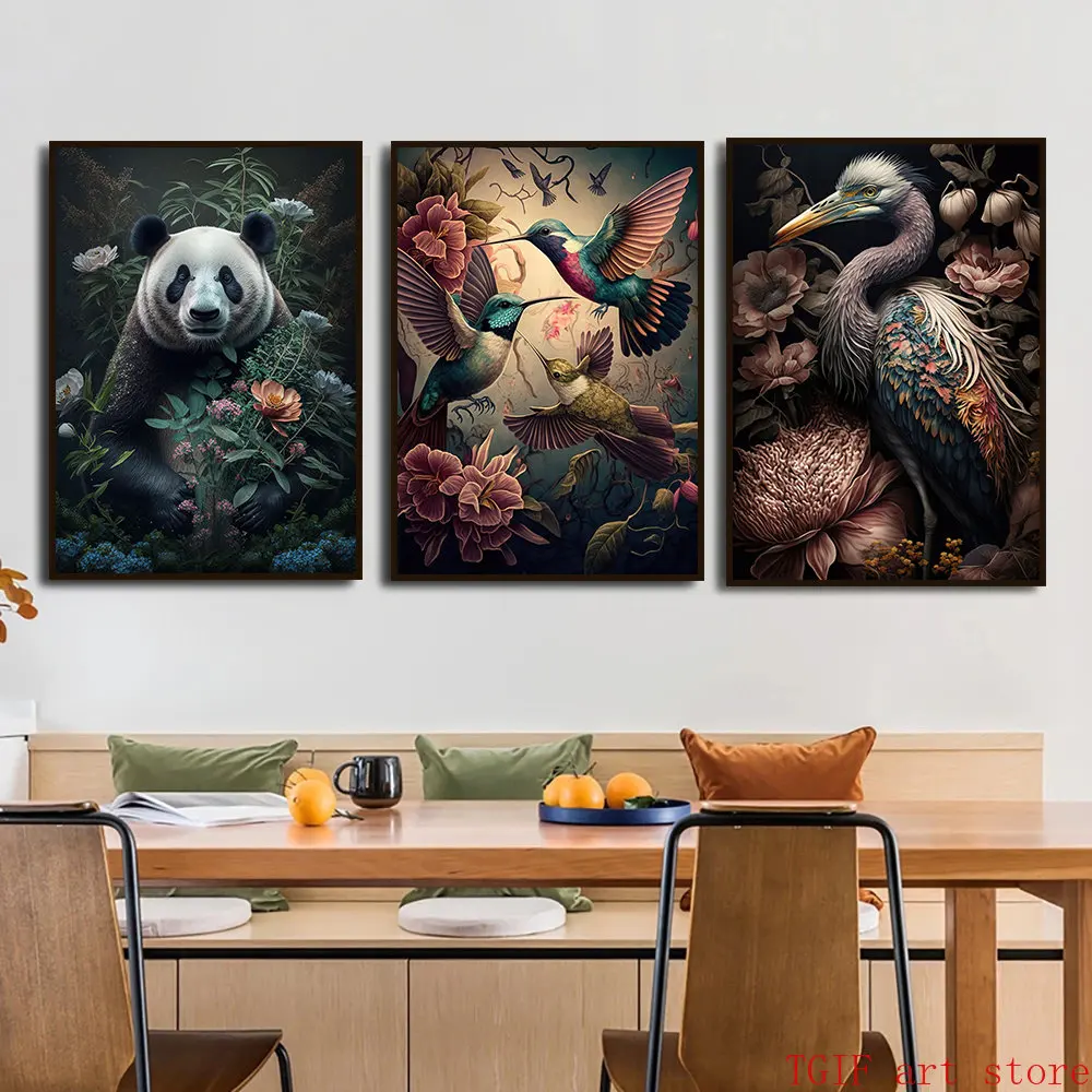Hummingbird Peacock Owl Wolf Parrot Bull Poster Tropical Plant Flower Bird Canvas Painting Prints Animal Wall Picture Home Decor