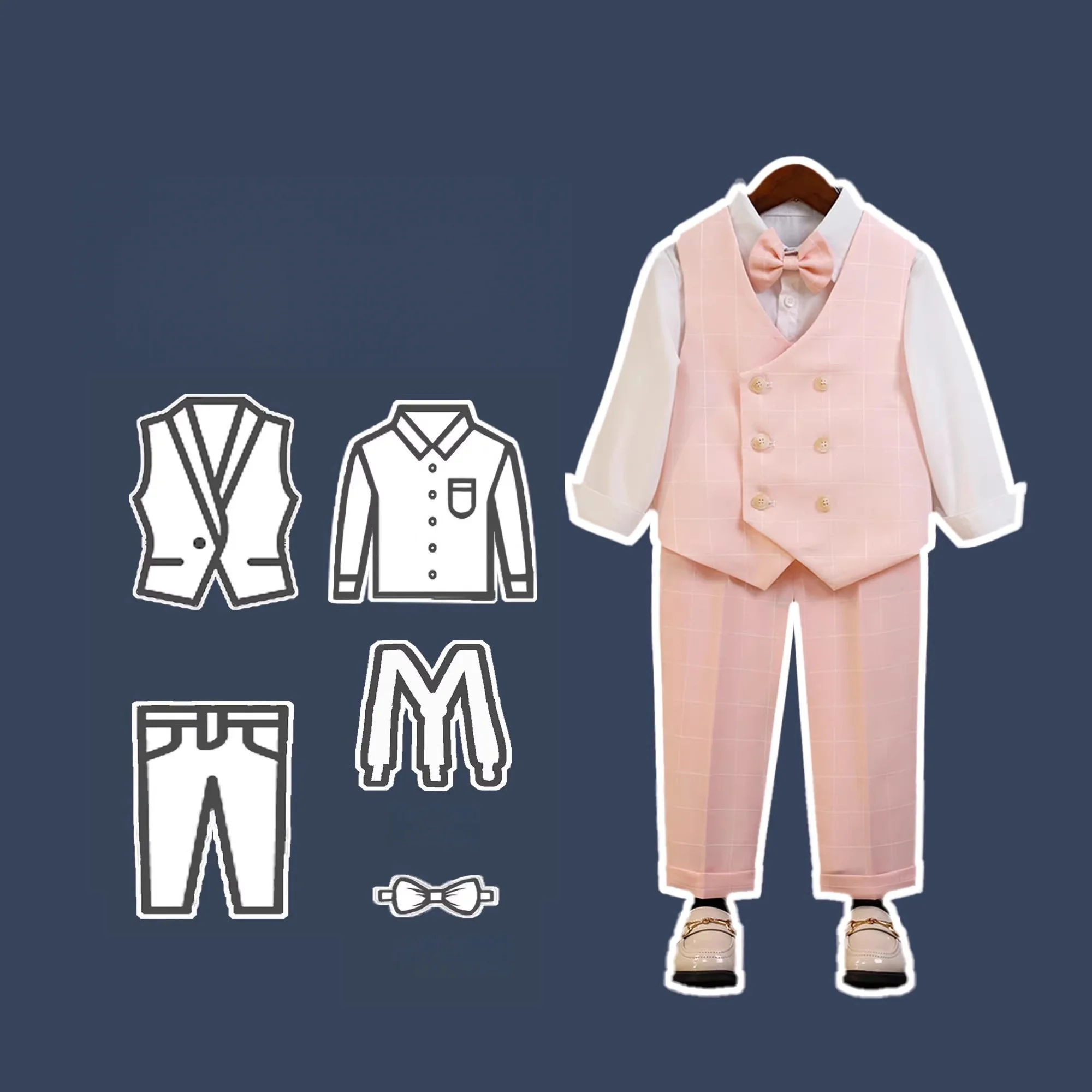 Boys Elegant Pink Plaid Vest Set Children's Wedding Birthday Party Dress School Kid Piano Host Speech Performance Costume