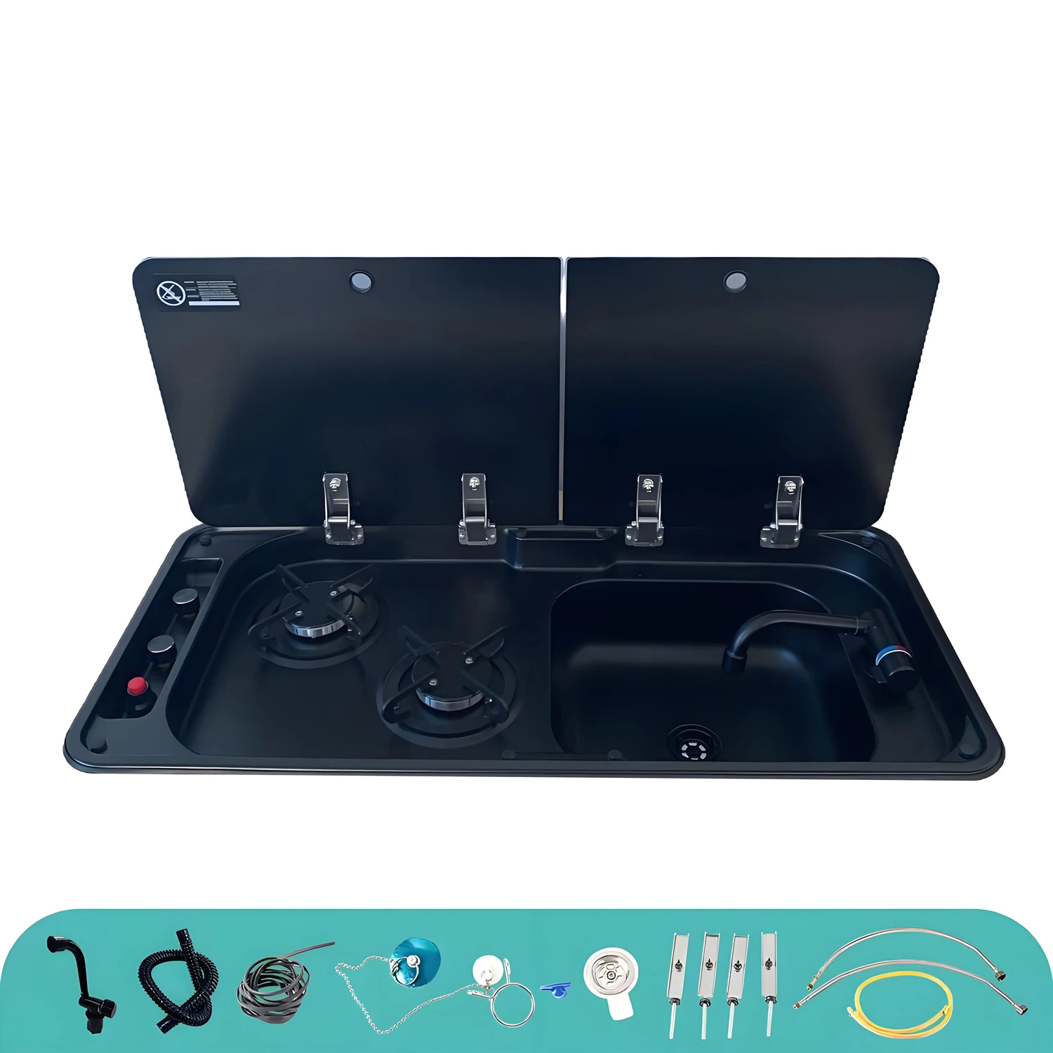 RV Cooktop-Sink Combos 2-Burner Gas Stove with SUS Sink and Tempered Glass Cover, for Marine Boats Campers