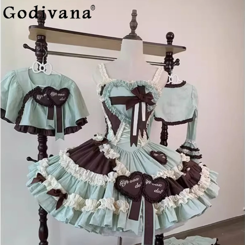 

Mint Color Lolita Sweet Dress JSK Jerkin Set Girls Women Slim Fit Slimming Lo Birthday Party Cos Dress Japanese Kawaii Dress Set