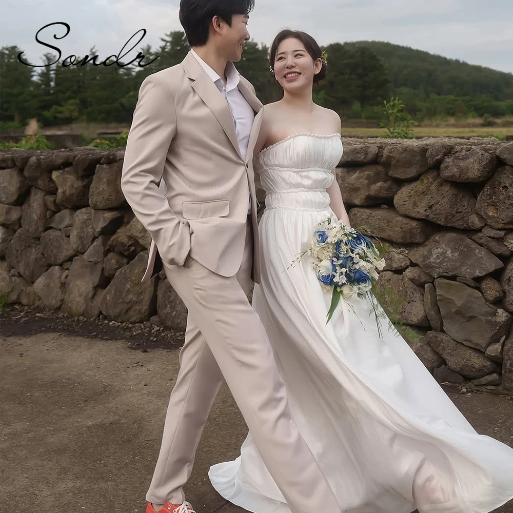 Vestidos de novia coreanos sin tirantes Sondr, vestido de novia personalizado de línea A para boda al aire libre, vestido a presión personalizado, línea A, autoboda Simple