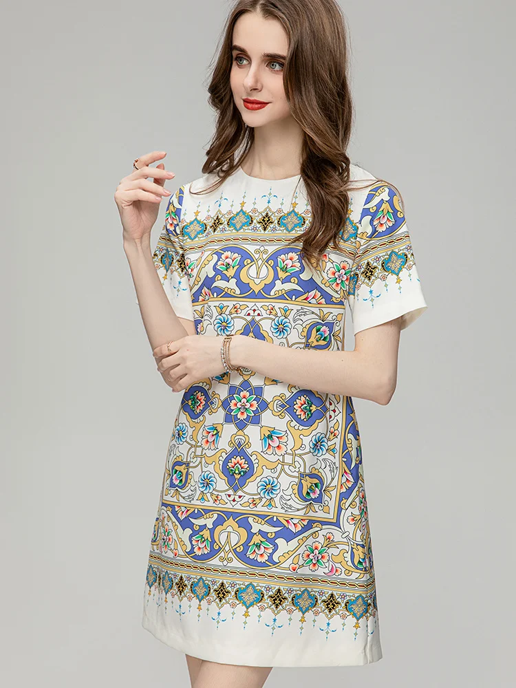 

2023 Summer Runway Fashion Designer Vintage Colorful Print Holiday Party Women's O-Neck Short Sleeve Mini Dresses