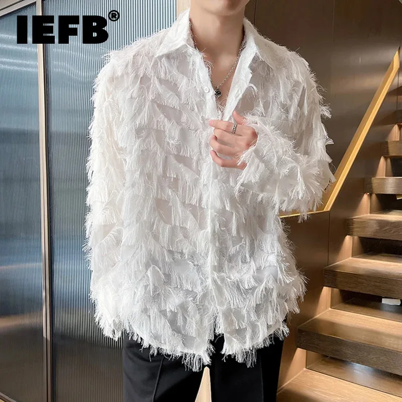 IEFB Korean Style Male Shirts Casual Tassel Lapel Long Sleeve Signle Breasted Solid Color Loose Men\'s Tops New Tide 2024 9C6460