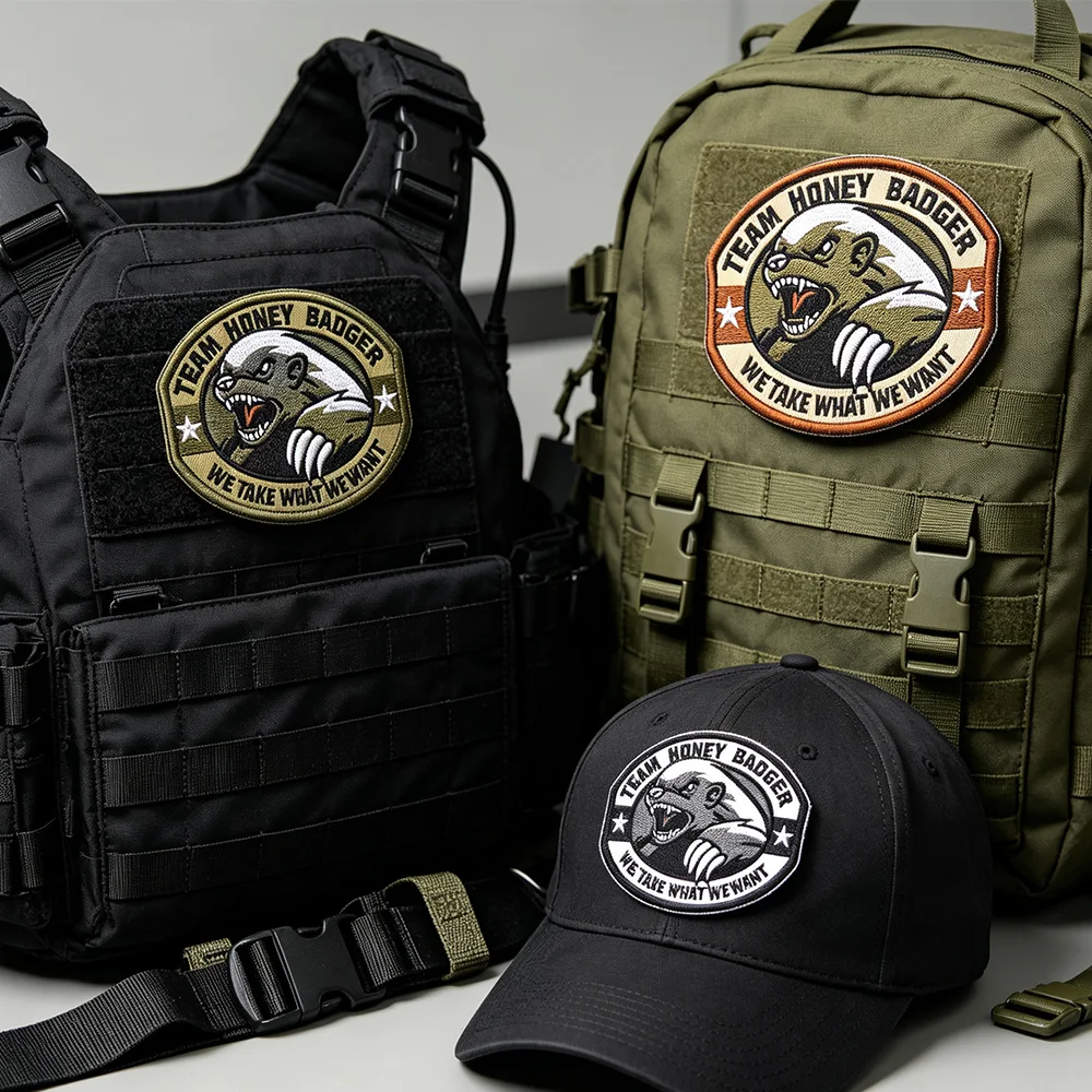Ironing Patches Boost The Morale of The Outdoor Honey Badger Embroidered Patches on The Flat-top Guy Jacket As Arm Badges.