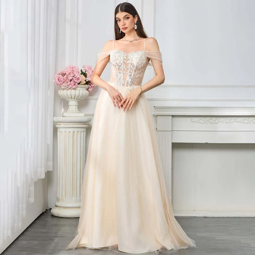 

Tulle Off the Shoulder Spaghetti Straps Wedding Dresses Sequins Appliques Corset Champagne robe de mariée Elegant Bridal Gowns