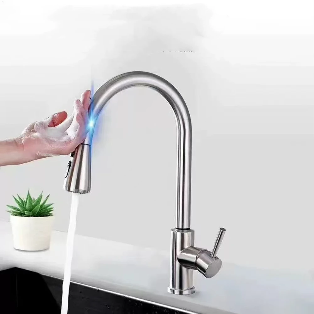 DQOK Kitchen Faucet Pull Out  Brushed Nickle Sensor Stainless Steel Black Smart Induction Mixed Tap Touch Control Sink Tap