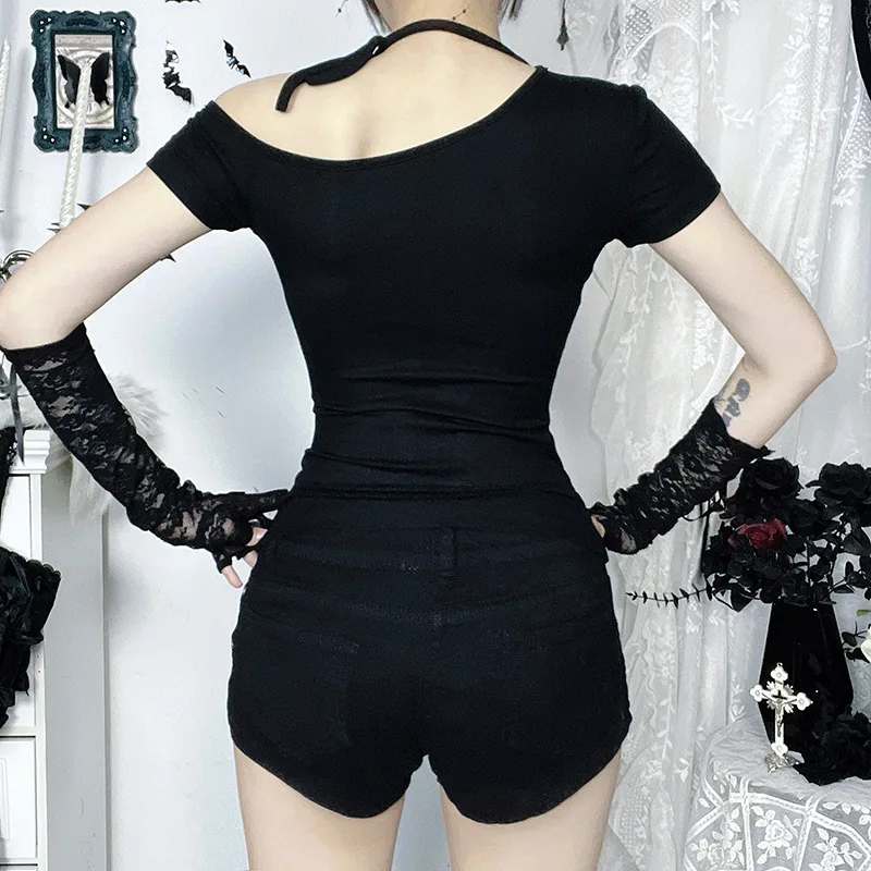 الظلام القوطية نمط مائل الكتف الأساسية قميص مطبوع 2025 جديد مائل الكتف سليم الساخن فتاة تي شيرتات قصيرة الاكمام ملابس غير رسمية