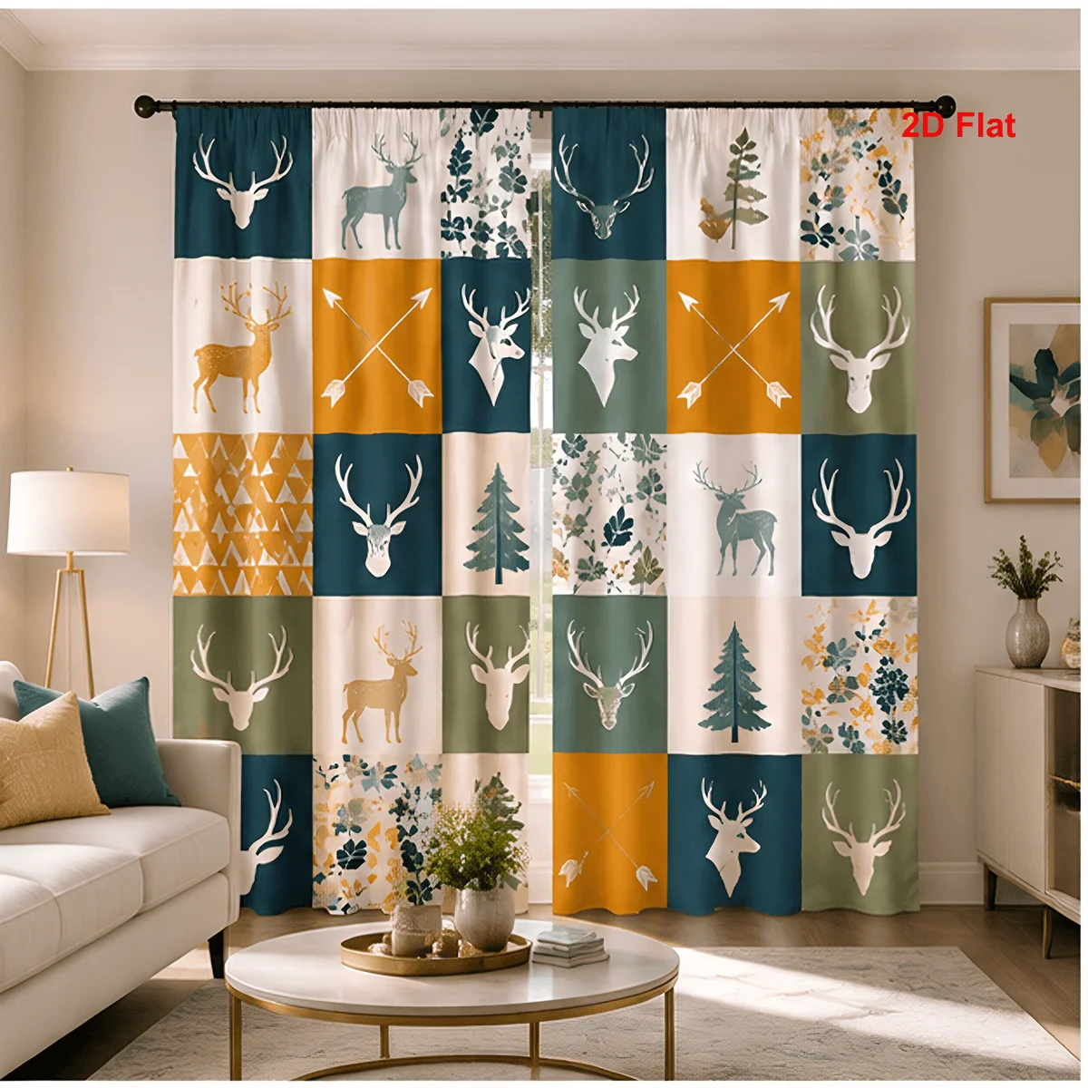 2PCS Digital Print Curtains, Plaid Elk, Rustic Cabin