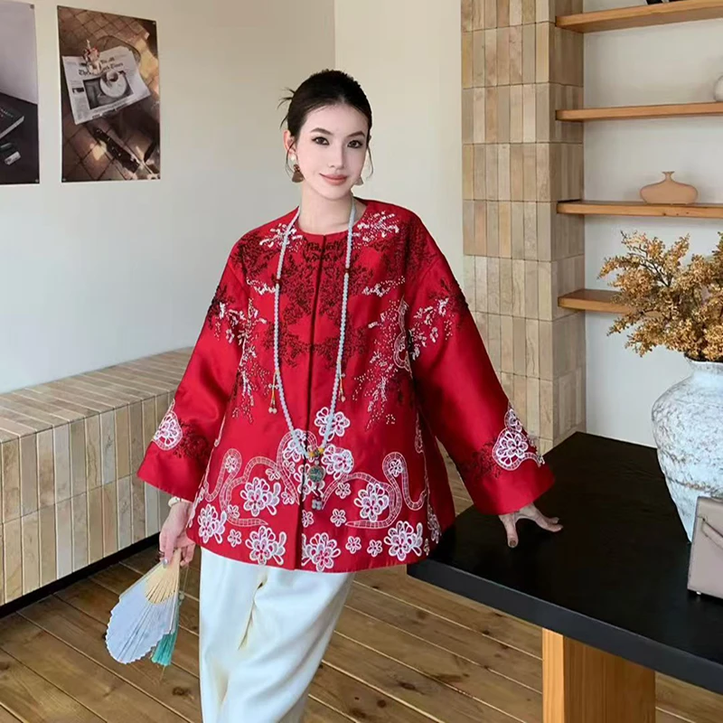 Autumn New Round Neck Exquisite Beading Embroidered Silk Wool Fabric Fashionable Loose Exclusive Design Women's Jacket S-XL