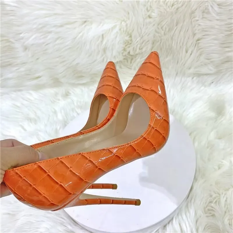 2022 New Orange Snakeskin Pattern Celebrity High-heeled Shoes 12CM Pointed Thin Heel Shallow Mouth Single Shoes Banquet Shoes Wo