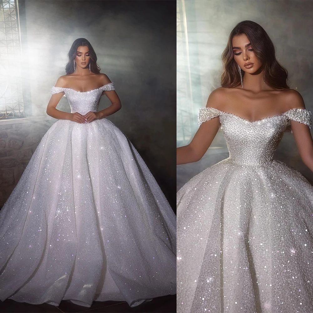 

Classic Ball Gown Wedding Dress For Women Sequins Bridal Gown Off-Shoulder Skirt Sleeveless Sweep Train Dresses