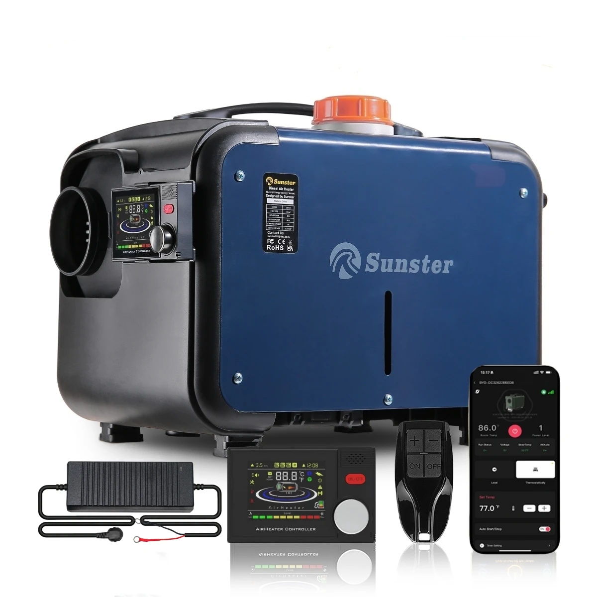 8KW 12V&24V 220V Tragbarer Diesel-Lufterhitzer mit Bluetooth-App-Steuerung und automatischer Höhen-Nachtfunktion für Wohnmobile, Autos, Campervans und Zuhause