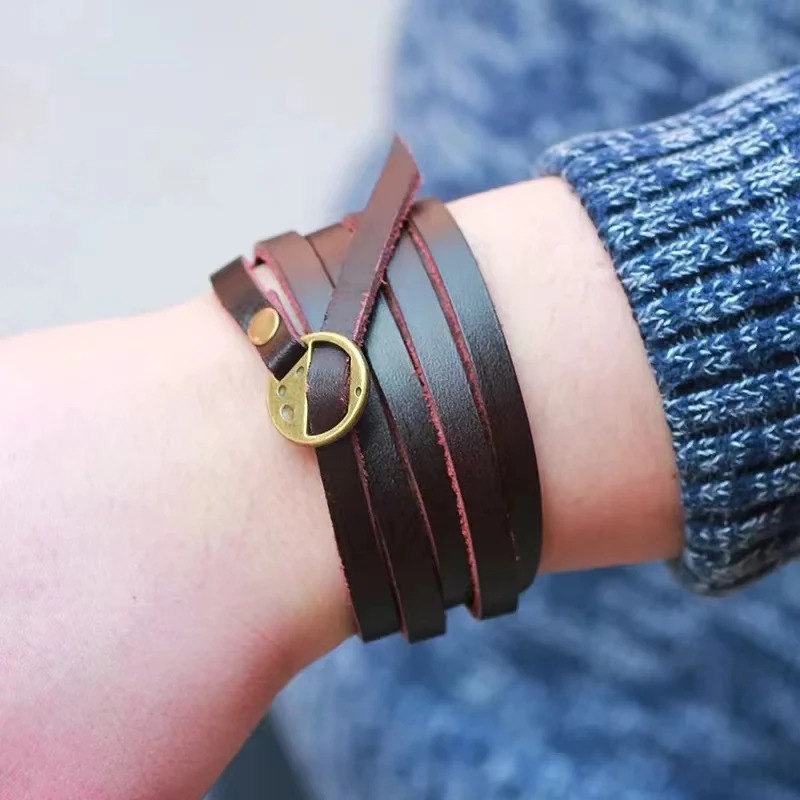 Vintage Bohemian Multilayer Bracelet Wrap Genuine Brown Leather Bracelet For Men And Women Embossing Letter Bracelets